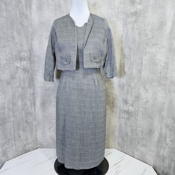 Vintage 1940s Gray Glen Check Dress Jacket Set Talon Zip Old Hollywood Suit L - Picture 2 of 14